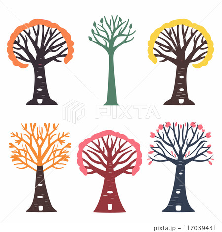 Six stylized trees distinct designs, colors vary green pink, tree represents different seasons life stages, leafless full bloom. Artistic representation natures cycle, ideal educational material Six stylized trees distinct designs, colors vary green pink, tree represents different seasons life stages, leafless full bloom. Artistic representation natures cycle, ideal educational material 117039431