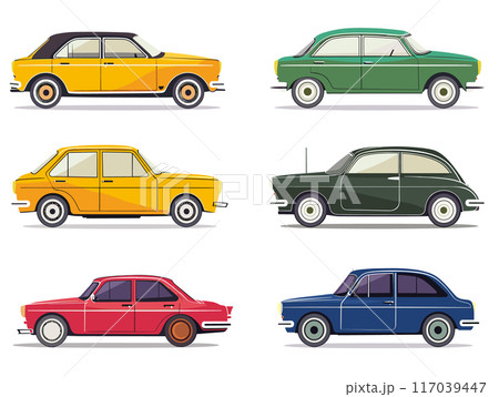 Vintage cars collection colorful classic design side view set. Classic car profiles yellow, green, red, blue automobiles isolated white background. Retro vehicles concept illustration different Vintage cars collection colorful classic design side view set. Classic car profiles yellow, green, red, blue automobiles isolated white background. Retro vehicles concept illustration different 117039447