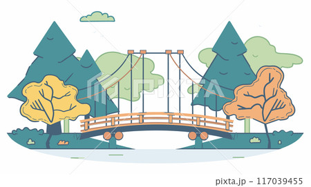Suspension bridge surrounded colorful trees, stylized nature park scene. Wooden bridge connecting two riverbanks, cartoon forest landscape, tranquil outdoor illustration. Pastel colors Suspension bridge surrounded colorful trees, stylized nature park scene. Wooden bridge connecting two riverbanks, cartoon forest landscape, tranquil outdoor illustration. Pastel colors 117039455