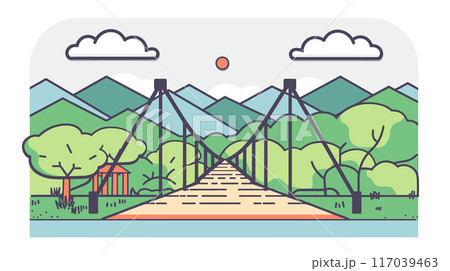 Suspension bridge leads green mountains under clear sky. Wooden footbridge crosses river surrounded nature. Cartoonstyle colorful drawing peaceful landscape scene 117039463