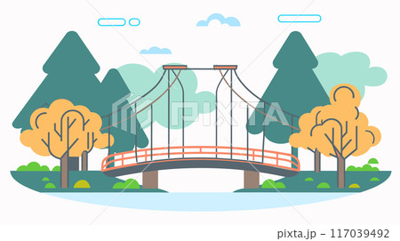 Suspension bridge over river serene park landscape. Cartoon graphic style pastel colors, tranquil setting trees. Flat design illustration nature scene, peaceful outdoor concept Suspension bridge over river serene park landscape. Cartoon graphic style pastel colors, tranquil setting trees. Flat design illustration nature scene, peaceful outdoor concept 117039492
