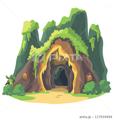 Large cave entrance nestled green mountain, lush vegetation around, mysterious dark interior hints adventure. Tropical cave hanging vines, inviting explorers, hidden dense jungle landscape. Bright 117039499