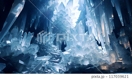 洞窟内部に広がる幻想的な水晶の世界のイメージ 洞窟内部に広がる幻想的な水晶の世界のイメージ 117039621