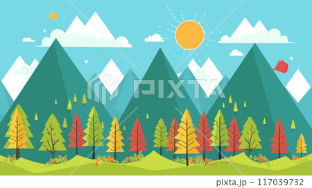 Flat design illustration depicting colorful autumn forest against mountain range backdrop under sunny sky. Scenic autumn landscape illustration vibrant trees varying shades, peaceful nature scene 117039732