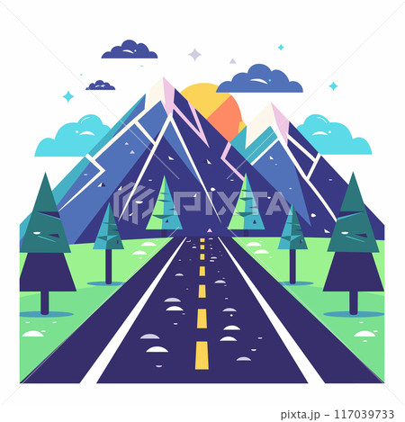Mountain landscape illustration featuring snowy peaks, sun setting behind mountains, clear road leading towards them. Evergreen trees line road under sky clouds stars. Graphic style geometric Mountain landscape illustration featuring snowy peaks, sun setting behind mountains, clear road leading towards them. Evergreen trees line road under sky clouds stars. Graphic style geometric 117039733
