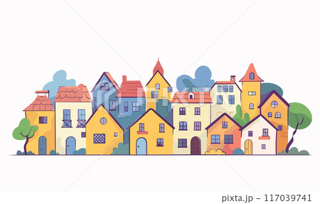 Colorful illustration whimsical town, featuring row quirky, stylized houses. Pastelcolored buildings various roof shapes create fairytalelike village landscape. Unique homes charming details nestled 117039741