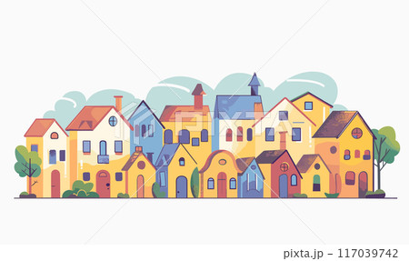 Cheerful suburban neighborhood cartoon houses, colors ranging yellow, blue, orange, surrounded lush greenery. Quaint village street quaint homes, chimneys, tiled roofs, cozy welcoming atmosphere 117039742