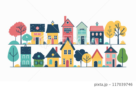 Colorful houses diverse architecture styles sizes trees. Quaint suburban neighborhood scene, vector illustration. Quirky townhouses illustration 117039746