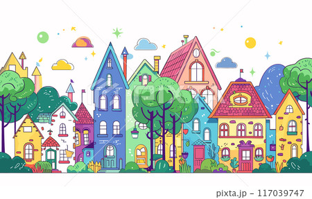 Colorful cartoon houses trees vibrant neighborhood whimsical architecture. Brightly colored homes different styles cute design sunny day. Cheerful suburb line art bushes clouds playful town 117039747