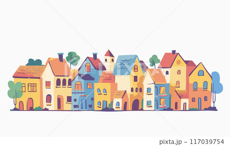 Colorful cartoon houses lined up charming neighborhood scene. Residential street various styled homes, trees, pastel colors, playful design. Quaint suburban town illustration, serene, kidfriendly 117039754
