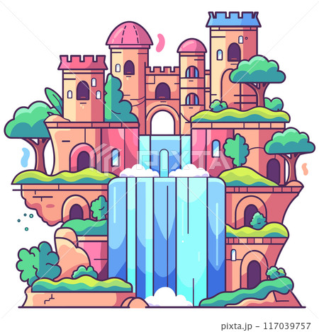 Colorful fantasy castle illustration featuring waterfalls lush greenery. Bright whimsical cartoon style architecture, situated amidst nature. Dreamlike palace towers turrets, cascading waterfall Colorful fantasy castle illustration featuring waterfalls lush greenery. Bright whimsical cartoon style architecture, situated amidst nature. Dreamlike palace towers turrets, cascading waterfall 117039757