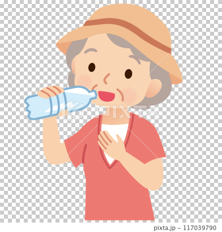 老婦戶外喝瓶裝水、健康、中暑 117039790