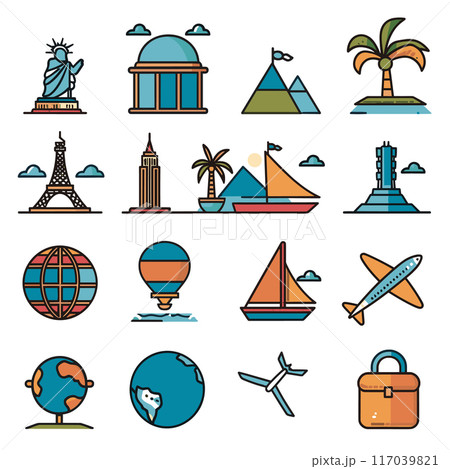 Set colorful travel icon illustrations featuring landmarks, transportation, geography. Icons depict Eiffel Tower, Statue Liberty, pyramids, globes, airplane. Bold lines, flat design, isolated white Set colorful travel icon illustrations featuring landmarks, transportation, geography. Icons depict Eiffel Tower, Statue Liberty, pyramids, globes, airplane. Bold lines, flat design, isolated white 117039821