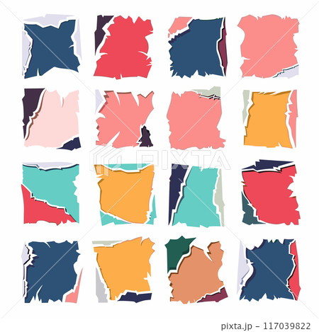 Collection colorful torn paper pieces isolated white background. Various shaped scraps ripped paper scrapbooking notes. Creative assortment cut messages labels Collection colorful torn paper pieces isolated white background. Various shaped scraps ripped paper scrapbooking notes. Creative assortment cut messages labels 117039822