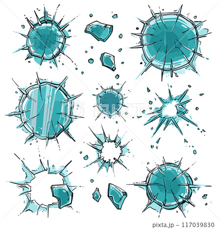 Collection glass breaking effects. Shattered glass pieces flying comic book style crack patterns. Different shapes sizes broken glass, illustrating damage impact 117039830