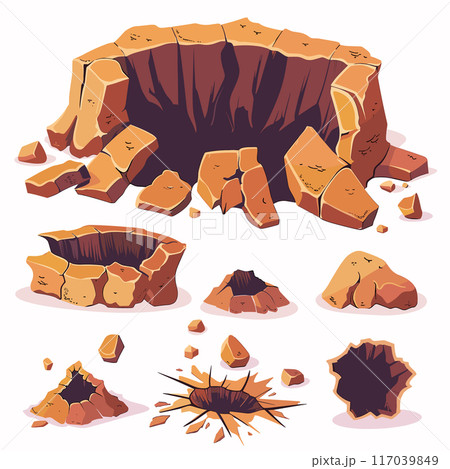 Various cartoonstyle cracked ground pieces holes illustrated. Warm earthy tones dominate color scheme. Illustration offers diverse cracked textures shapes 117039849