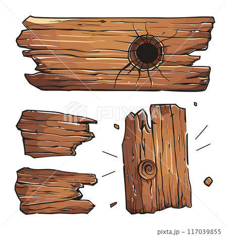 Wooden planks broken cartoon style illustration. Three separate pieces wood depicted, one bullet hole, another fractured. Timber graphics design elements, broken wood chunks, cartoon game assets 117039855