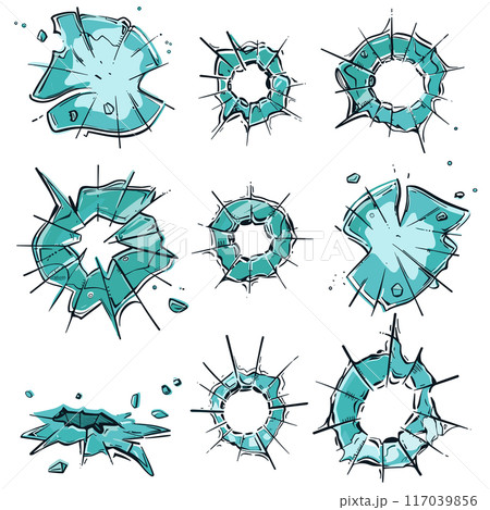 Set broken glass pieces different shapes. Shattered glass fragments flying realistic vector set. Light blue color, graphic style isolated white background 117039856