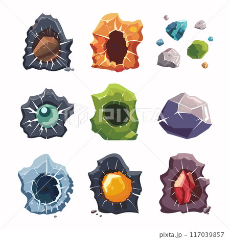 Collection colorful geodes crystals various shapes hues, gemstone illustration, geology theme. Cartoon style minerals, geode crosssections showcasing inner textures, crystal graphic educational 117039857