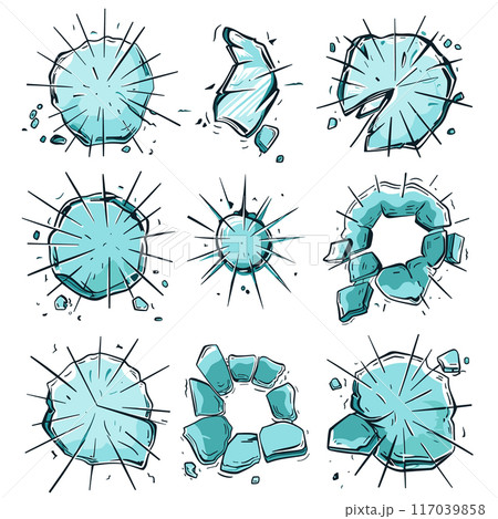 Collection blue shattered glass pieces comic book style. Exploding fragmentation effect graphics. Dynamic broken glass illustrations 117039858