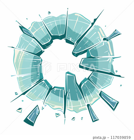 Shattered glass vector illustration representing breakage destruction. Cracks broken pieces spread out center. Light blue, transparent glass shards against isolated white background 117039859