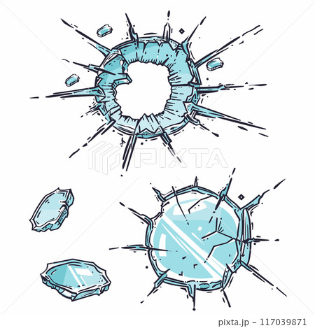 Broken glass holes vector illustration shattered glass sharp pieces. Blue tinted cracked effect handdrawn cartoon style isolated white background. Fragments destruction damage concept graphic Broken glass holes vector illustration shattered glass sharp pieces. Blue tinted cracked effect handdrawn cartoon style isolated white background. Fragments destruction damage concept graphic 117039871
