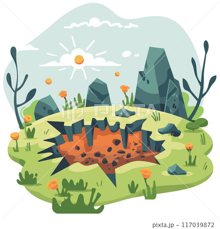 Cartoon illustration ground crack caused earthquake green landscape, sun mountains background, natural disaster theme. Bright colors depict catastrophic ground fissure, crumbling earth, disaster 117039872