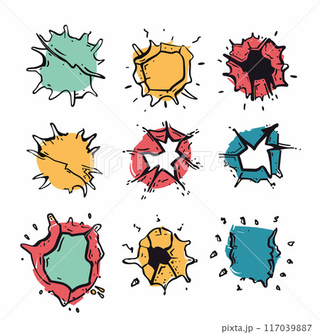 Set colorful comic style burst shapes featuring star splat patterns. Various colors including green, yellow, red, blue cartoon graphic style isolated white. These bursts represent explosions Set colorful comic style burst shapes featuring star splat patterns. Various colors including green, yellow, red, blue cartoon graphic style isolated white. These bursts represent explosions 117039887
