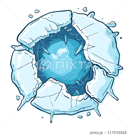 Cartoon ice hole breaking cracked surface. Conceptual illustration winter, cold water danger. Stylized design, frozen aquatic theme, ice breaking apart 117039888
