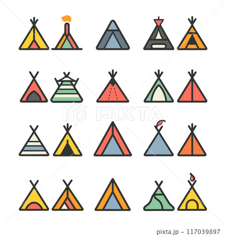 Collection colorful teepee tent icons flat design. Various hues include yellow, red, orange, blue, green, gray teepees, decorative elements. Simplistic style appropriate camping Native American 117039897