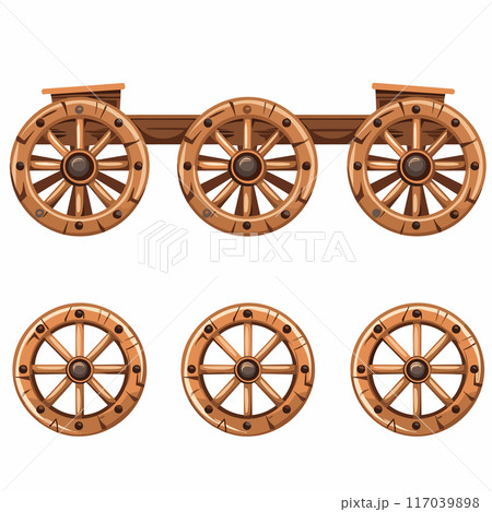 Brown wooden cart wheels connected axle cartoon style isolated white background. Set oldfashioned carriage wheels wooden construction. Detailed wagon vintage transport theme illustration 117039898