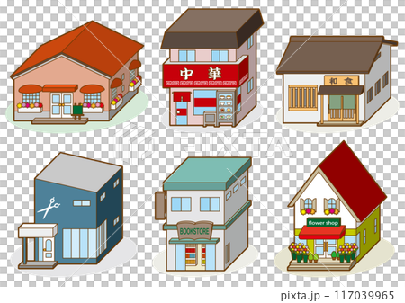 Three-dimensional vector illustration of various store buildings. 117039965