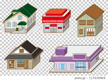 各種商店建築的 3D 向量插圖。 117039969