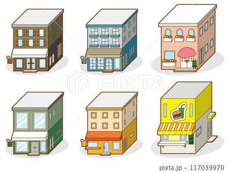様々な店舗ビルの立体ベクターイラスト. 117039970