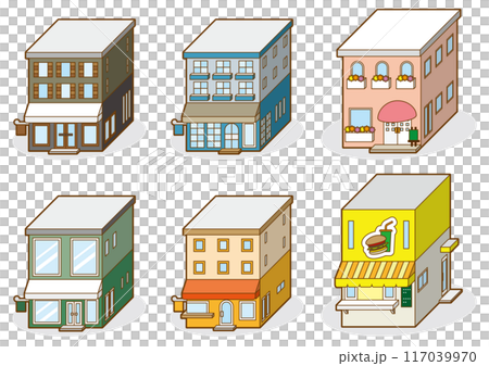 Three-dimensional vector illustration of various store buildings. 117039970