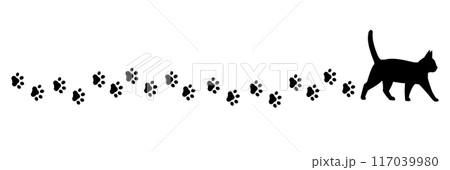 猫　足跡　肉球　ライン　モノクロ 117039980
