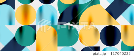 Mosaic geometric elements. Colorful circles, round geometric shapes and lines with shadow 3d effects. Simple forms abstract background for wallpaper, banner, template or landing Mosaic geometric elements. Colorful circles, round geometric shapes and lines with shadow 3d effects. Simple forms abstract background for wallpaper, banner, template or landing 117040223