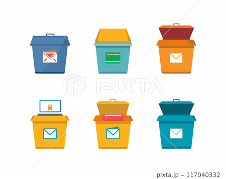 Six colorful vector recycling bins, flat design illustration, different colors recycling symbols. Cartoon style waste containers paper, metal, plastic separation. Multicolored recycle bins isolated Six colorful vector recycling bins, flat design illustration, different colors recycling symbols. Cartoon style waste containers paper, metal, plastic separation. Multicolored recycle bins isolated 117040332