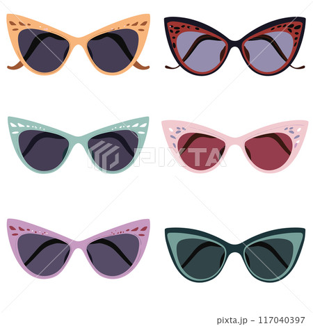Six pairs stylish sunglasses. Trendy eyewear collection, fashion accessories. Vintage, modern, cateye designs, shades brown, pink, green black lenses 117040397