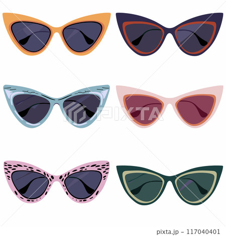 Six pairs cateye sunglasses isolated white background. Sunglasses feature various frame colors including tan, black, light blue, pink, leopard print, dark green coordinating dark lenses. Fashionable Six pairs cateye sunglasses isolated white background. Sunglasses feature various frame colors including tan, black, light blue, pink, leopard print, dark green coordinating dark lenses. Fashionable 117040401