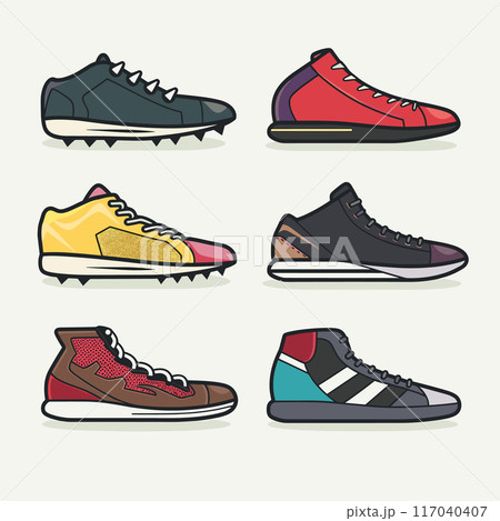 Collection various sneakers, uniquely colored styled. Athletic shoes designed sports, fitness, casual wear. Stylish footwear set includes high tops low tops isolated white background Collection various sneakers, uniquely colored styled. Athletic shoes designed sports, fitness, casual wear. Stylish footwear set includes high tops low tops isolated white background 117040407