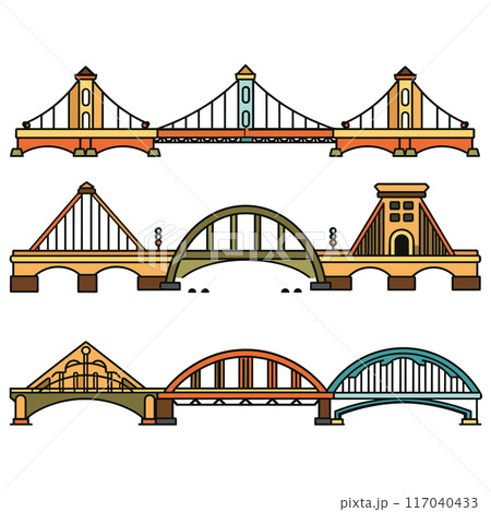 Collection various bridges colorful vector illustrations isolated white background. Set includes suspension bridge, arch bridge, covered bridge designs. Structures represent different architectural 117040433