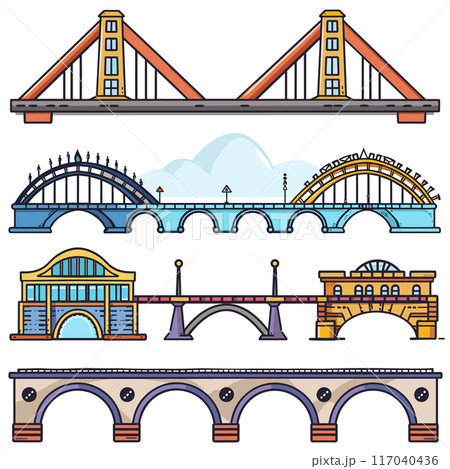 Collection various bridges ranging suspension bridge arch bridge illustrated vibrant colors, depicts different styles used architecture, no background. Cartoonish representation iconic structures 117040436