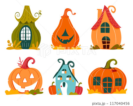 Pumpkin houses cartoon set, Halloween themed fantasy dwellings. Whimsical autumn festive pumpkin homes, fairy tale buildings vector design. Cute playful cottages windows, doors, leaves 117040456