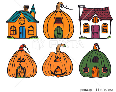 Three whimsical houses drawn cartoon style, one traditionally constructed, two shaped pumpkins. Colorful pumpkin houses feature doors, windows, chimney, resembling fairy tale dwellings. Vividly 117040468