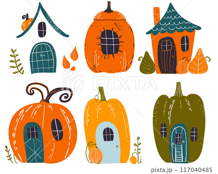 Pumpkins transformed into whimsical fairy tale houses, adorned doors, windows, playful roofs. Leaves vines accentuate enchanting pumpkin abodes, unique color design. Illustration concepts autumn Pumpkins transformed into whimsical fairy tale houses, adorned doors, windows, playful roofs. Leaves vines accentuate enchanting pumpkin abodes, unique color design. Illustration concepts autumn 117040485