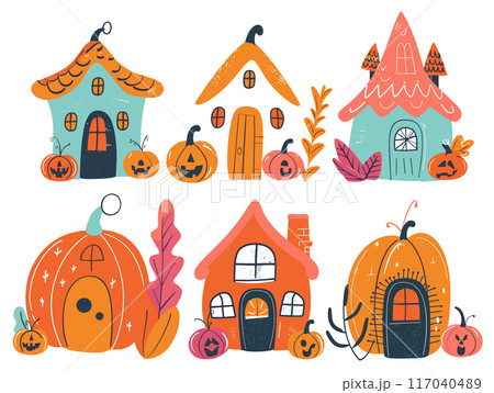 Six cute whimsical houses shaped pumpkins surrounded autumn leaves, playful Halloween theme. Fairytale pumpkin cottages charming details, perfect storytelling illustrations, fall festivities 117040489