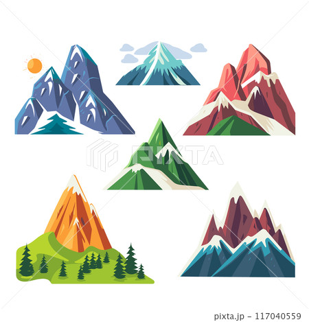 Collection six mountain landscapes, illustration featuring different mountain shapes colors. Snowcapped peaks, green hills, evergreen trees, sun, clouds, cartoon style isolated white background Collection six mountain landscapes, illustration featuring different mountain shapes colors. Snowcapped peaks, green hills, evergreen trees, sun, clouds, cartoon style isolated white background 117040559