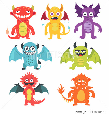 Collection cartoon monsters, colorful cute monsters, isolated vector illustrations. Six different funny monsters wings, horns tails, character design children. Bright monster characters, playful Collection cartoon monsters, colorful cute monsters, isolated vector illustrations. Six different funny monsters wings, horns tails, character design children. Bright monster characters, playful 117040568