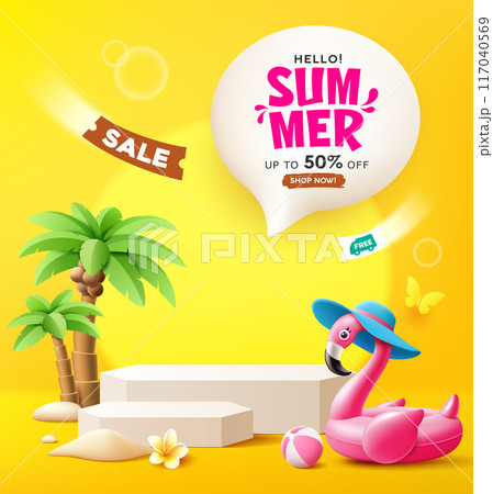 Summer podium display, Pink flamingo inflatable swimming pool, coconut trees, pile of sand, beach ball, poster design Summer podium display, Pink flamingo inflatable swimming pool, coconut trees, pile of sand, beach ball, poster design 117040569